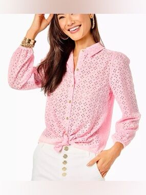 Lilly Pulitzer Sea Breeze Eyelet Button Down Top Pink Ditzy Diamond Size Medium